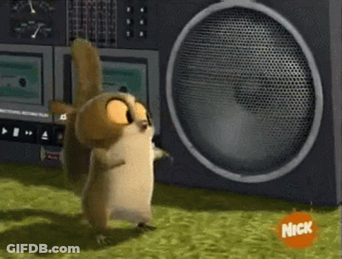 Cartoon Squirrel Standing Next To Large Speaker GIF