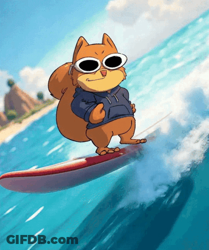Cartoon Squirrel Surfing Wave GIF