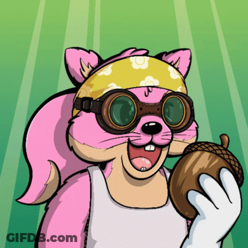 Cartoon Squirrel Wearing Goggles And Bandana Holding Acorn GIF