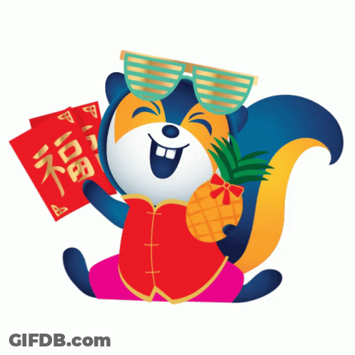 Cartoon Squirrel With Sunglasses Holding Pineapple And Red Envelopes GIF