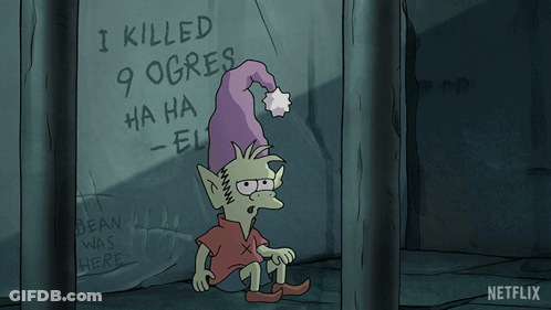 Cartoon Standing In Front Of Sign Saying I Killed 9 Ogres GIF