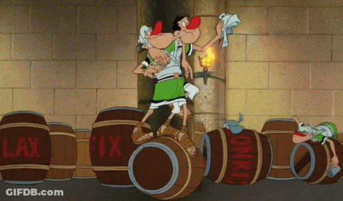 Cartoon Standing On Barrel Saying Lax-Fix GIF