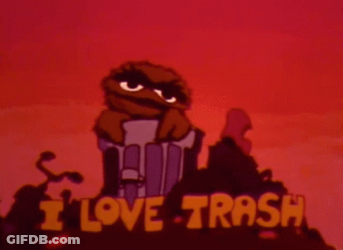 Cartoon Standing On Trash Can Says I Love Trash GIF