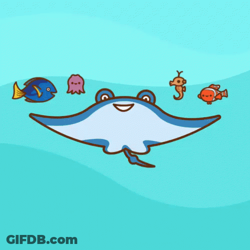 Cartoon Stingray Surrounded By Sea Creatures GIF