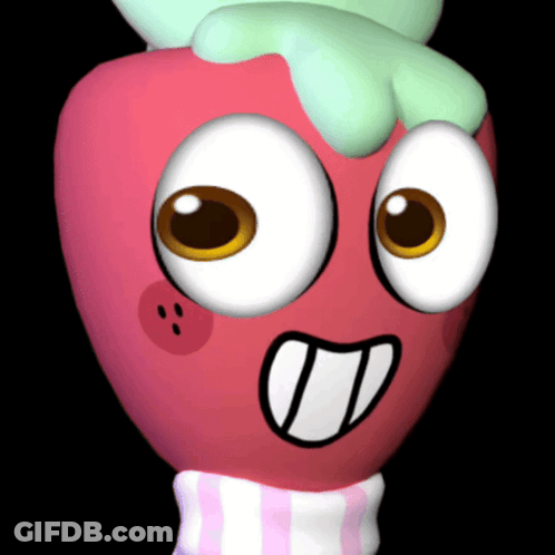 Cartoon Strawberry With Big Eyes And Striped Scarf GIF