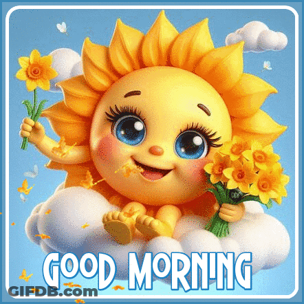 Cartoon Sun Sitting On Cloud Holding Flowers GIF