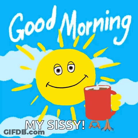 Cartoon Sun Smiling Holding Coffee Good Morning My Sissy GIF