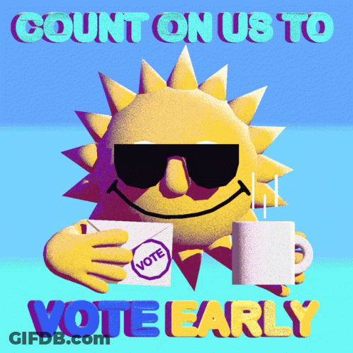 Cartoon Sun With Sunglasses Holding Coffee And Vote Box GIF