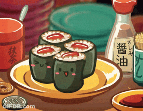 Cartoon Sushi On Plate With Coin Saying 100 GIF