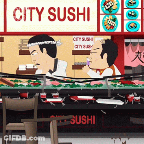 Cartoon Sushi Restaurant Two Men Behind Counter GIF