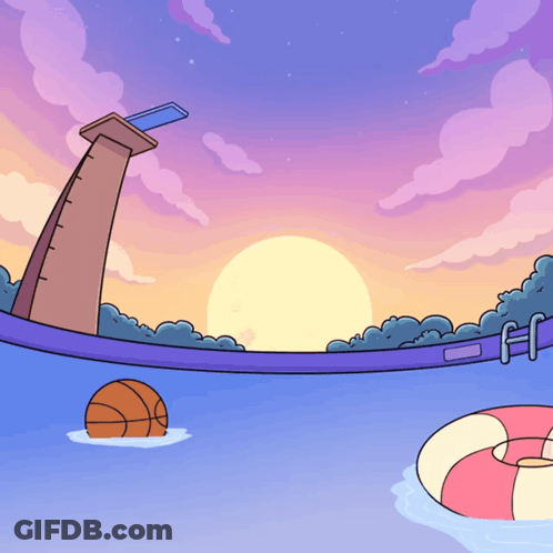 Cartoon Swimming Pool With Basketball And Float GIF