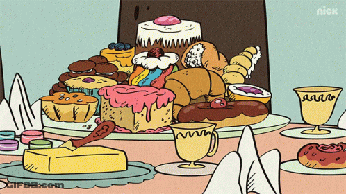 Cartoon Table Of Desserts With Nick Logo GIF