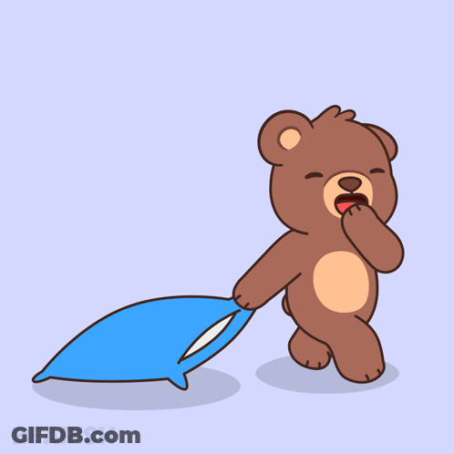 Cartoon Teddy Bear Carrying Blue Pillow With Word Bearish GIF