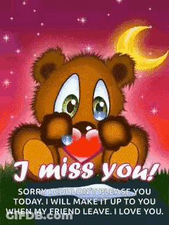 Cartoon Teddy Bear Holding Heart Says I Miss You GIF