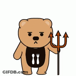 Cartoon Teddy Bear Holding Trident Says I'm Hungry GIF