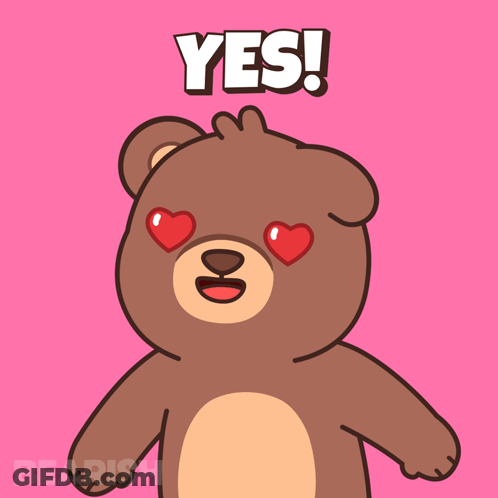 Cartoon Teddy Bear With Hearts In Eyes Saying Yes GIF