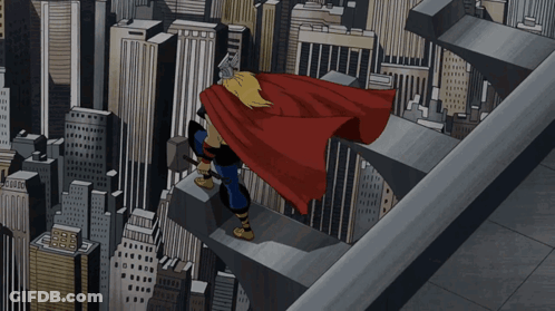 Cartoon Thor Holding Hammer Over City GIF