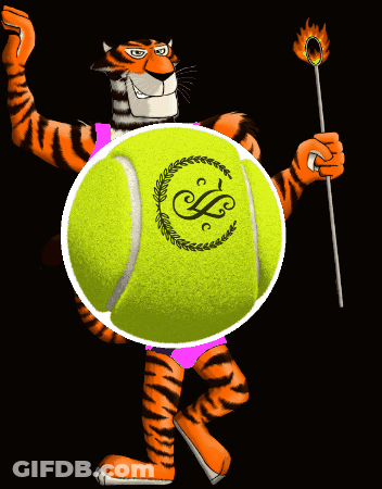 Cartoon Tiger Holding Torch And Tennis Ball GIF