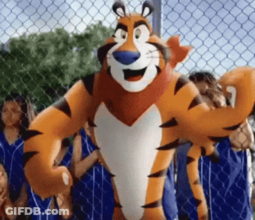 Cartoon Tiger In Front Of Chain Link Fence With Children GIF