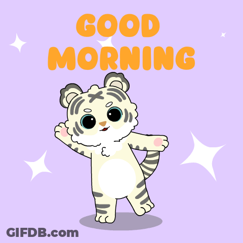 Cartoon Tiger Saying Good Morning On Purple Background GIF