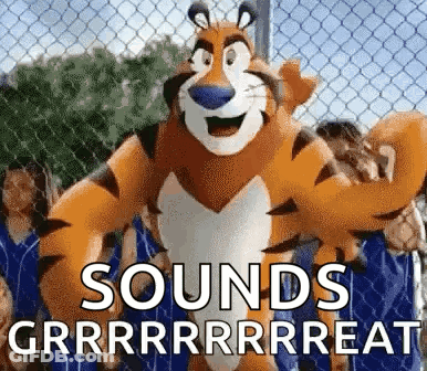Cartoon Tiger Standing In Front Of Chain Link Fence Saying Sounds Grrr GIF