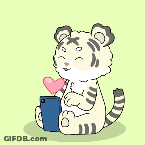 Cartoon Tiger Using Cell Phone With Heart GIF