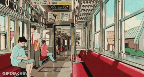 Cartoon Train People Sitting Man Standing Next To Woman Reading Book GIF