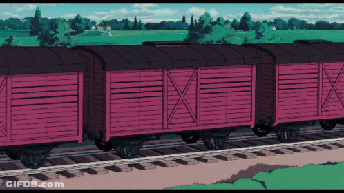 Cartoon Train With Pink Boxes On Tracks GIF
