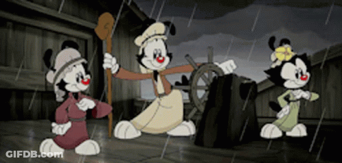 Cartoon Trio In Rain One Holds Steering Wheel GIF