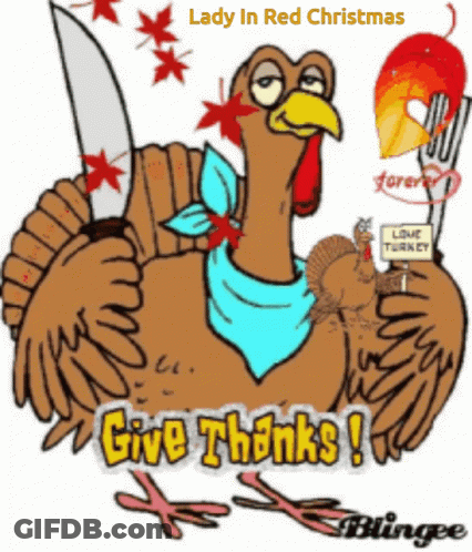 Cartoon Turkey Holding Knife And Fork Saying Give Thanks GIF