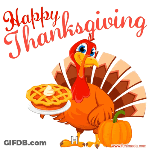 Cartoon Turkey Holding Pie And Pumpkin With Happy Thanksgiving GIF
