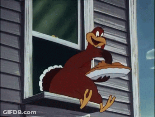 Cartoon Turkey Holding Pie In Beak GIF