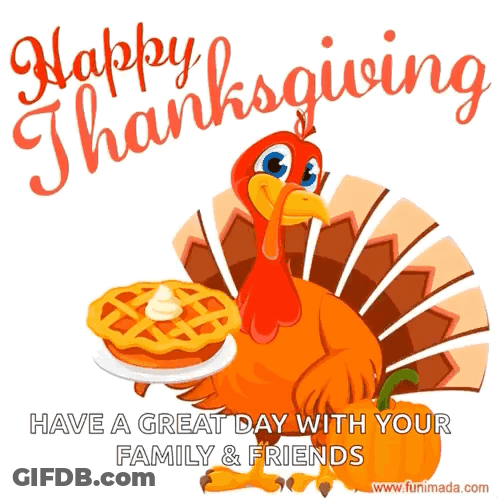 Cartoon Turkey Holding Pie Saying Happy Thanksgiving GIF
