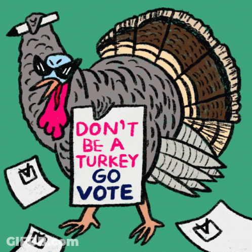 Cartoon Turkey Holding Sign Saying Don't Be A Turkey Go Vote GIF