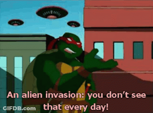 Cartoon Turtle Talking About Alien Invasion GIF