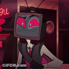 Cartoon TV Head With Red Eyes Standing In Front Of Sign Saying Gui GIF
