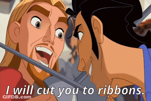Cartoon Two Men With I Will Cut You To Ribbons GIF