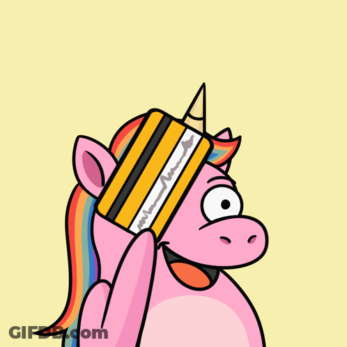 Cartoon Unicorn Holding Credit Card Over Head GIF