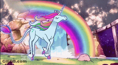 Cartoon Unicorn Standing In Front Of Waterfall With Rainbow GIF