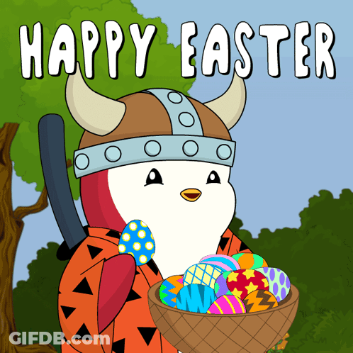 Cartoon Viking Holding Easter Egg And Basket Of Eggs GIF