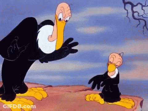 Cartoon Vulture Standing Next To Smaller Vulture On Cliff GIF