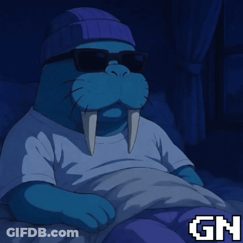 Cartoon Walrus In Sunglasses And Beanie Laying In Bed GIF