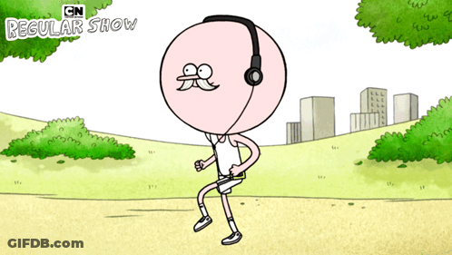 Cartoon Wearing Headphones Running In Park With CN Regular Show Logo GIF