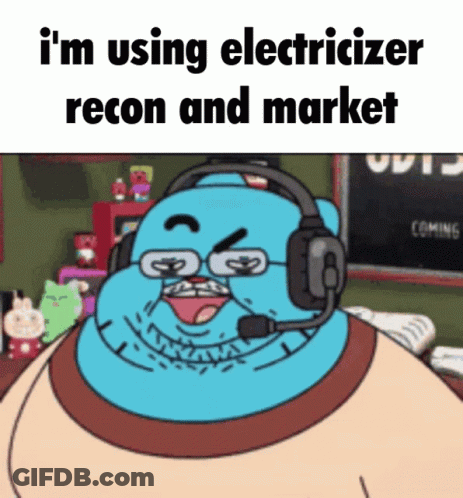 Cartoon Wearing Headphones Saying I'm Using Electrizer Recon And Market GIF