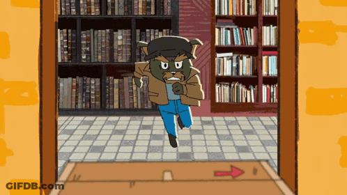 Cartoon Werewolf Running Through Library GIF