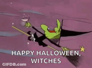 Cartoon Witch Flying On Broom Saying Happy Halloween Witches GIF