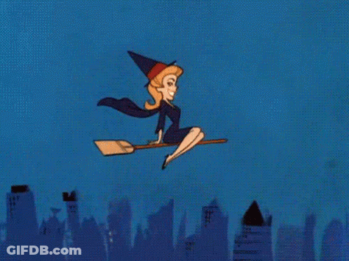 Cartoon Witch Flying On Broom GIF