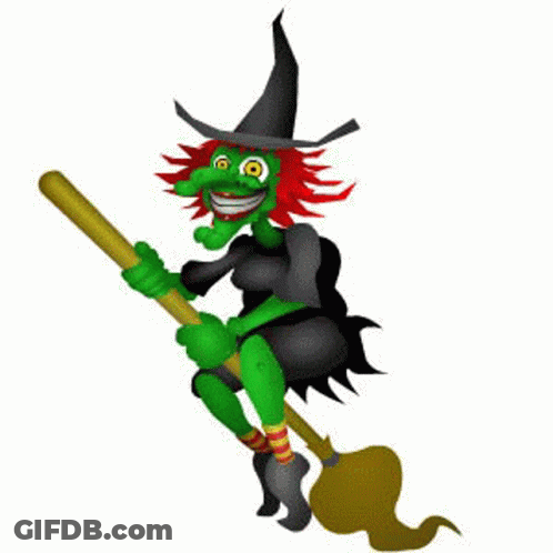 Cartoon Witch Flying On Broom With Bat GIF