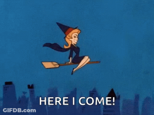 Cartoon Witch Flying On Broomstick GIF