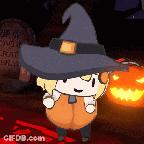 Cartoon Witch Hat Standing Before RIP Gravestone GIF